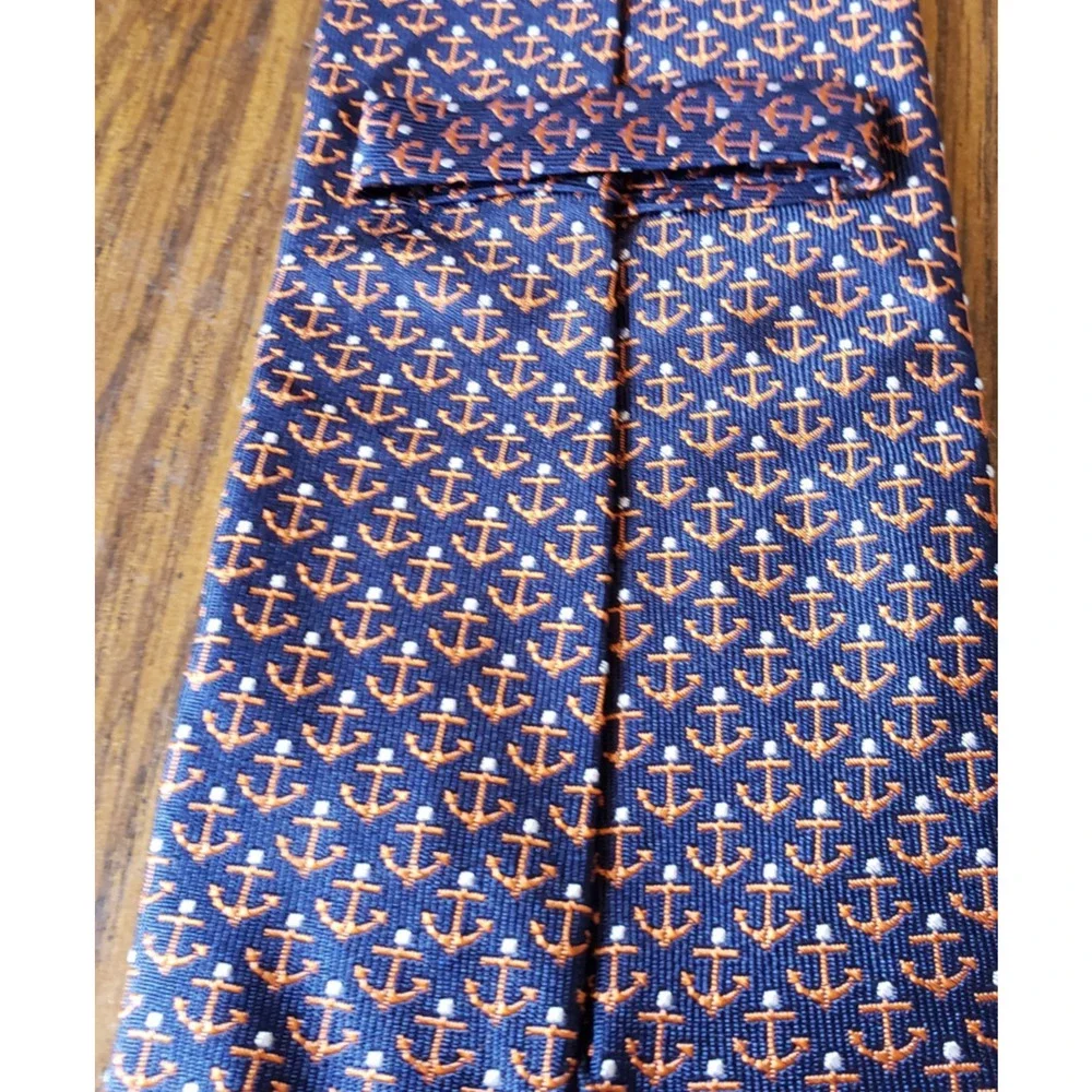 Nautica Blue With Orange Anchors Nautical Design Silk Necktie Tie
